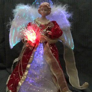 HOLIDAY SHIMMERING LED ANGEL CHRISTMAS TREETOP 12" GORGEOUS RED VELVETEEN GOWN